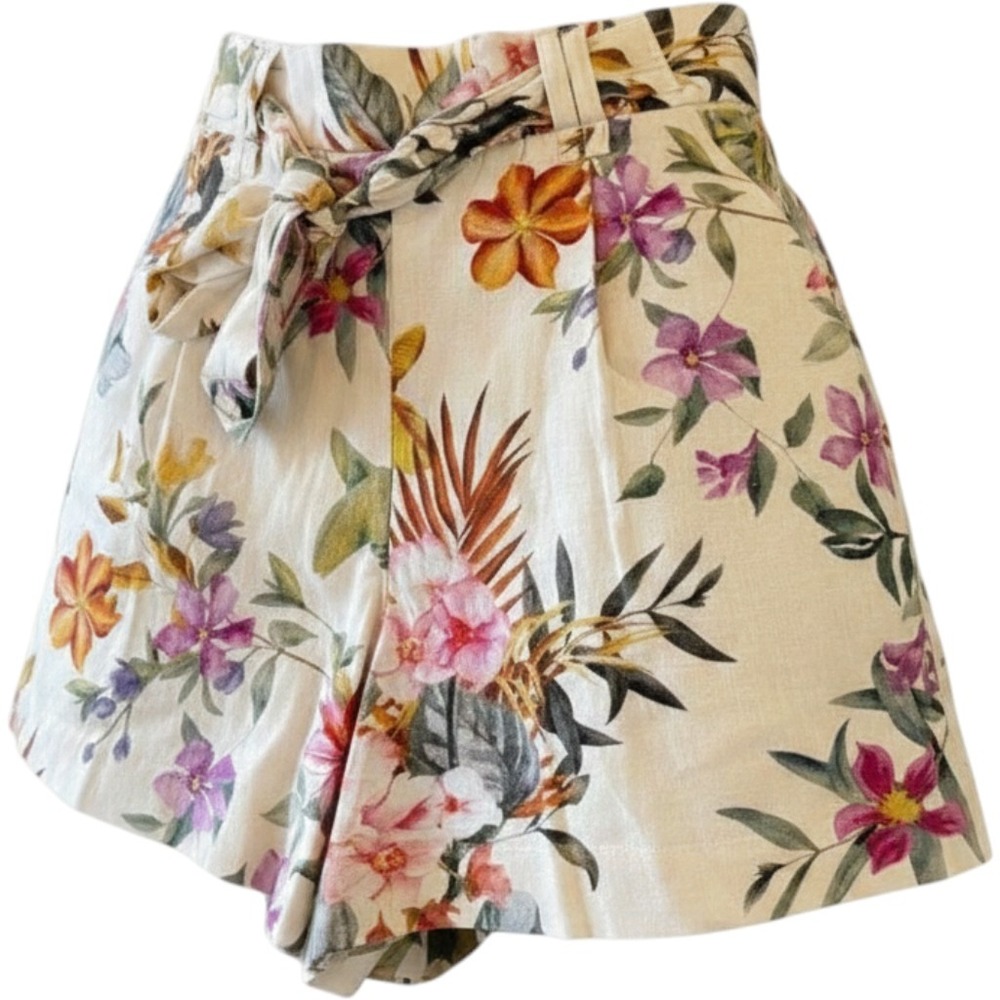 C&C California Tropical Floral Linen Blend High Rise Belted Shorts Cream Size 8